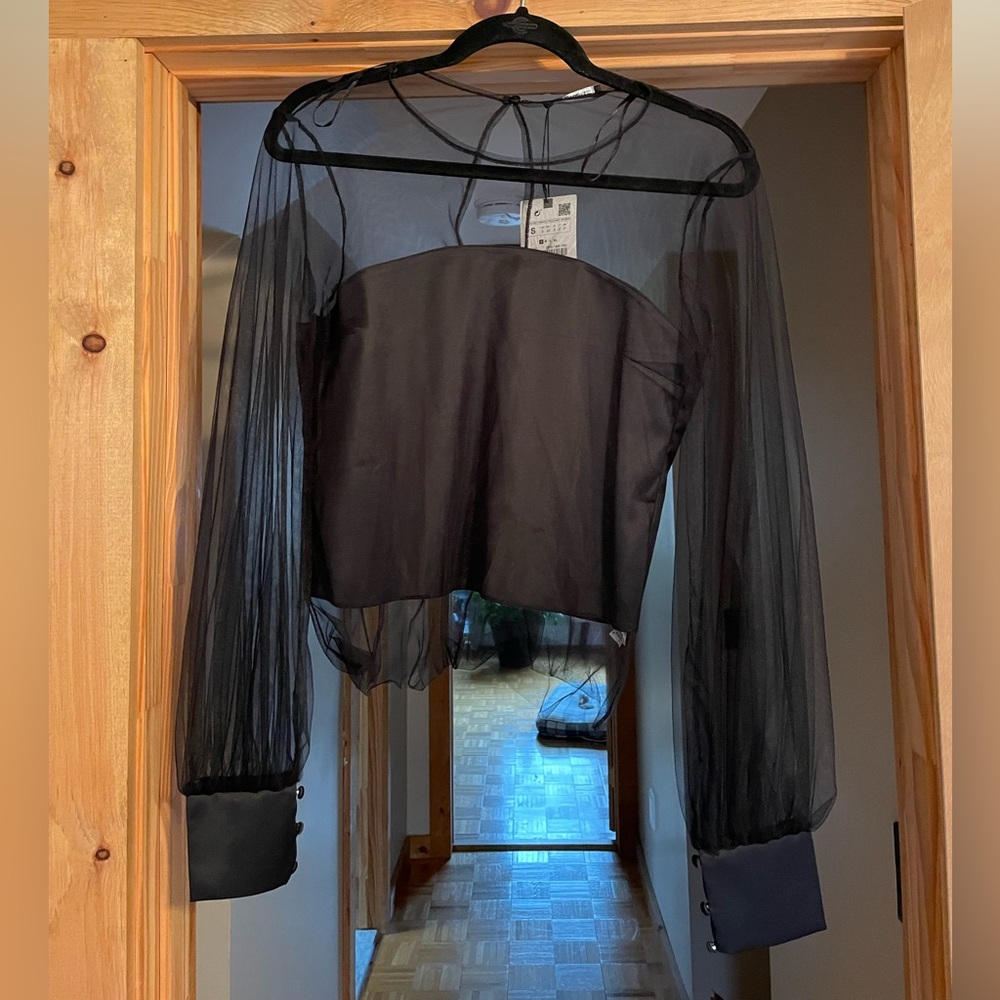 NWT Zara Mesh Long Sleeve Satin Black Top Size Small